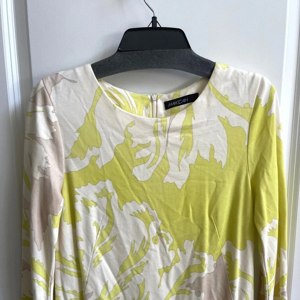 Marc Cain Floral Shift Dress Women N3 US 6/8 Lime Green Long Sleeve Italian Knit